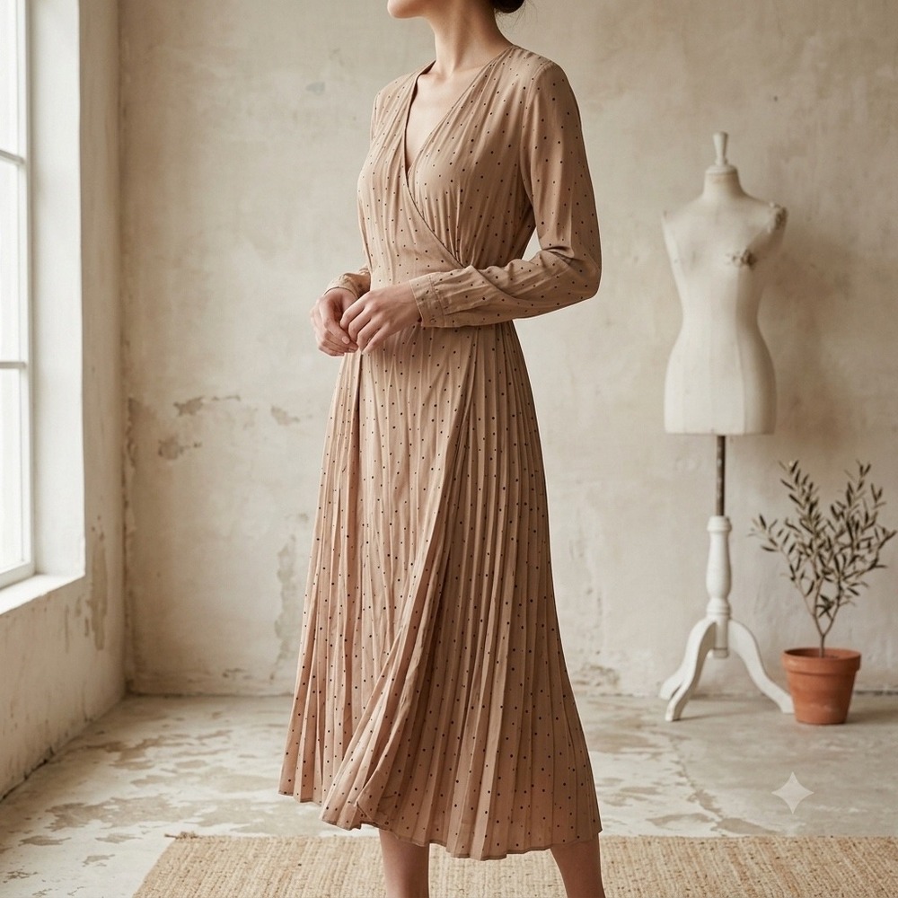 Uniqlo Ines De La Fressange Polka Dot Wrap Midi Dress Tan Beige Small
